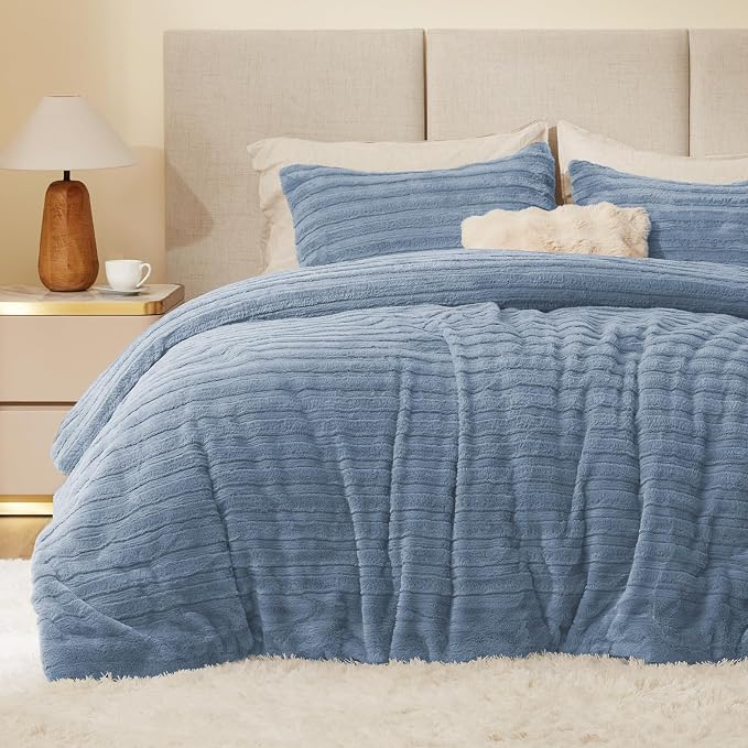 BEDELITE Faux Fur King Size Comforter Set, Fluffy Bed Set, Blue Fog | Super Soft & Warm, Luxury Fuzzy Cozy Comforter for Winter, Heavy Plush Bed set, with 2 Pillowcases