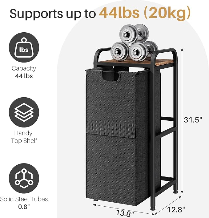 Kitstorack Laundry Hamper, Laundry Basket, Laundry Sorter with a Pull-Out and Removable Bag, Shelf, Metal Frame, 17 Gallons (62 L), Ink Black and Rustic Brown