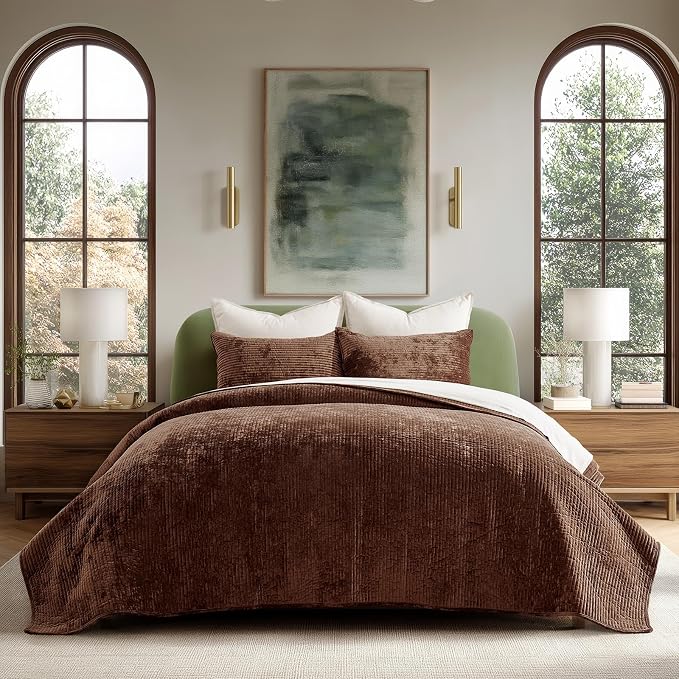 EverGrace Velvet Quilt Set, Oversized California King 118"x106", Rust Brown | Luxurious Soft Velvet Comforter, Striped Channel Bedding Set, Lightweight Bedspread Coverlet for All Season, with 2 Shams