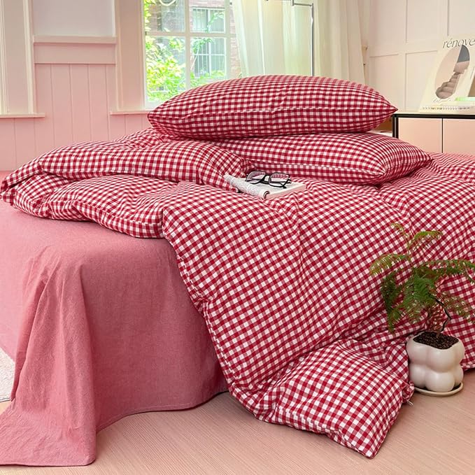 LifeTB Queen Comforter Set Red Gingham Comforter Modern Style Plaid Boho Comforter Set 3 Pieces Fluffy Grid Checkered Comforter with 2 Pillowcases Farmhouse Gingham Bedding Set Queen Size