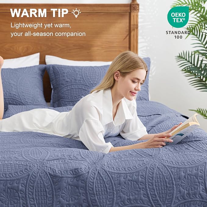 Love's cabin Oversized King Size Quilt Bedding Set Bluish Grey Bedspreads - Oversized King Lightweight Bedspread Comforter - Coin Pattern Coverlet for All Season - 3 Pieces (1 Quilt, 2 Pillow Shams)