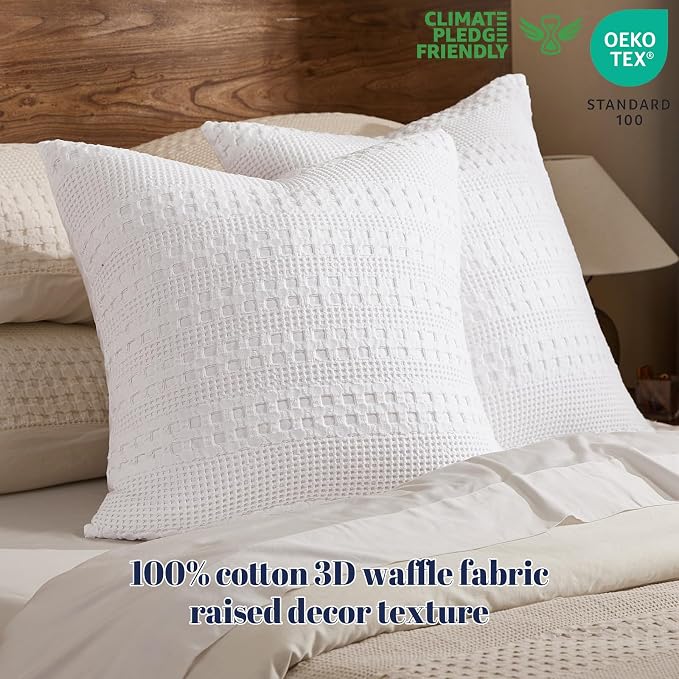PHF 100% Cotton Waffle Weave Euro Sham Covers, 2 Pack 26" x 26" Bed Pillow Covers for Elegant Home Decor, No Filling, Luxury Aesthetic Soft Euro Pillow Cases for Bed, White