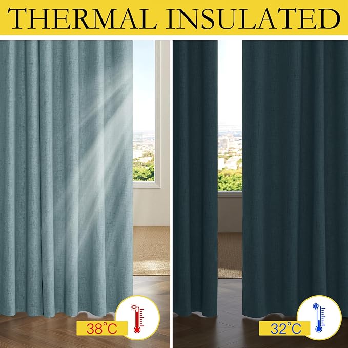 NICETOWN 100% Blackout Curtains 63" Long for Kitchen 2 Panels, Skylark Blue | Linen Look, Noise Reducing, Thermal Insulated, Keeping Out Cold Air and Heat Panels for Nursery Privacy, W52" x L63" Each