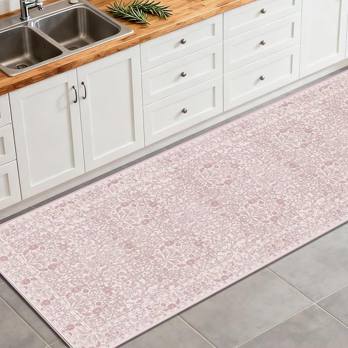 Washable 2'6" x 10' Runners for Hallways, Non Slip Long Floor Runner for Kitchen, Entryway Indoor, Stain Resistant Rubber Backing Floral Decor Rug (Pink)