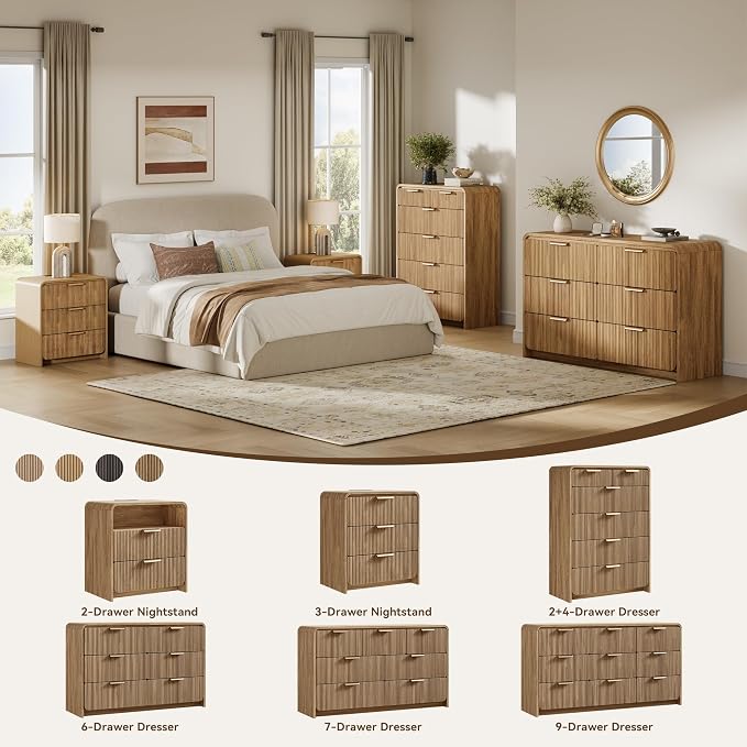 24" 3 Drawers Fluted Nightstand, Light Walnut | 3 Drawers Bedside Table, Metal Handles & Charging Station, Curved Profile End Table for Bedroom