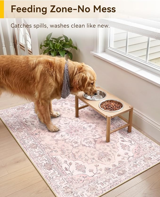 RELEANY Washable Area Rug, Small 2'x3', Pink | Non-Slip, Water Repellent, Pet Friendly, Easy to Clean, Vintage Floral Boho Decor for Kitchen Entryway Bathroom