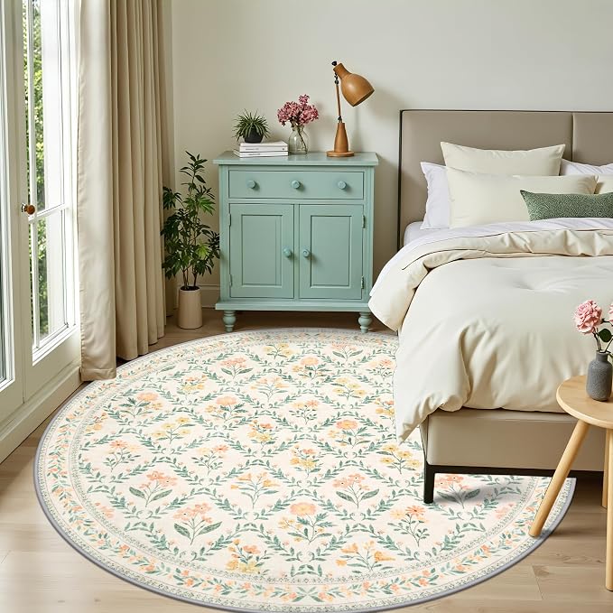 PLHXFR Round Area Rug Living Room: 8 ft Floral Washable Carpet Beige Multi | For Bedroom Dining Room Farmhouse Nursery Hallway,Vintage Floral,Machine washable,Non Slip,Stain Resistant,Large Indoor