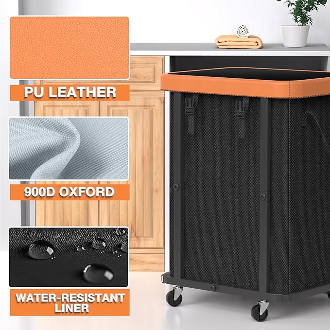 Laundry Hamper with Wheels,150L Leather Patchwork Clothes Hamper Black | Rolling Laundry Basket with Sturdy Metal Frame, Removable Washable Bag,Tall Clothes Sorter for Bedroom, Laundry Room, Dorm