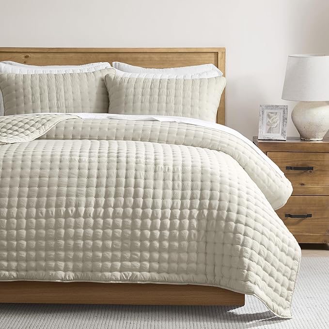 WDCOZY Beige Twin Quit Size Bedding Sets with Pillow Sham, Neutral Lightweight Soft Bedspread Coverlet, Quilted Blanket Thin Comforter Bed Cover for All Season, 2 Pieces, 68x90 inches