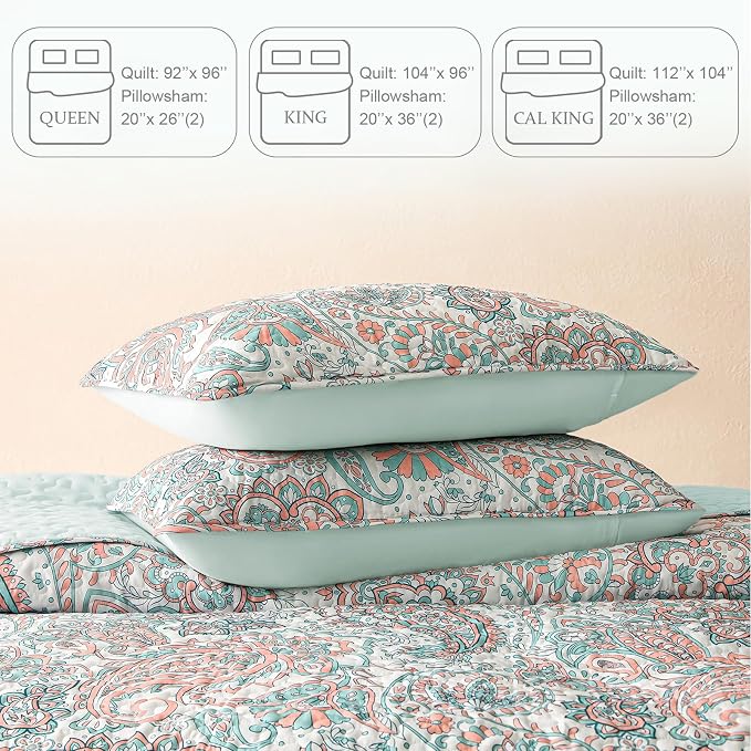 Exclusivo Mezcla Reversible Boho Quilt King Size Aqua | Lightweight Soft Bedspreads, All Season Paisley Coverlet Bedding Set, Printed Floral Pattern, 1 Quilt and 2 Pillow Shams
