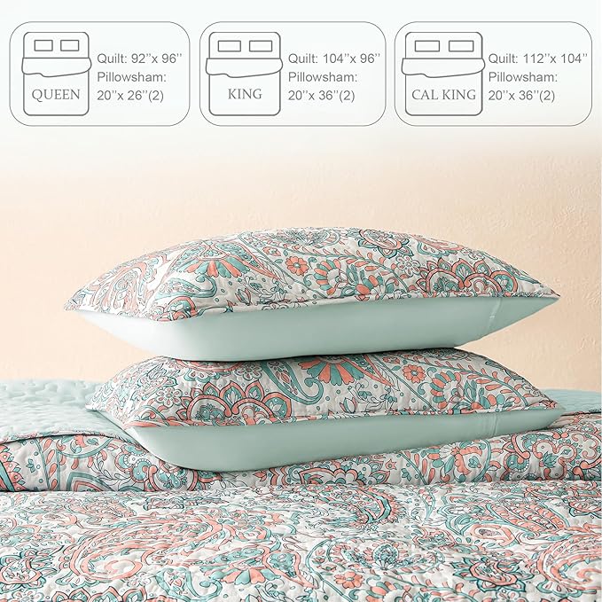 Exclusivo Mezcla Reversible Boho California King Quilt, Aqua | Lightweight Soft Bedspreads, All Season Paisley Coverlet Bedding Set, Printed Floral Pattern, 1 Quilt and 2 Pillow Shams