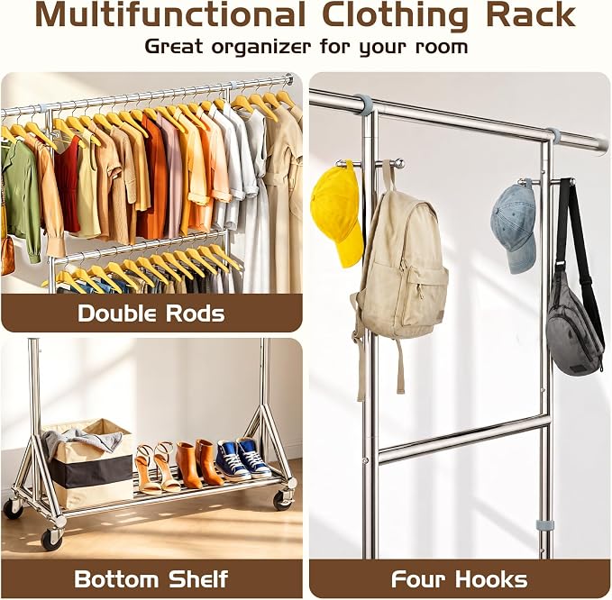 Heavy Duty Rolling Clothes Rack with Double Rods for Hanging Clothes, Adjustable & Extendable Metal Clothing Rack, Garment Rack With Wheels Shelf, Sturdy Freestanding Closet Rack, 100% Stainless Steel