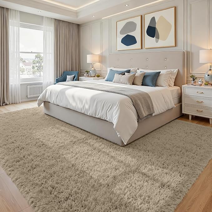 8x10 Fluffy Shag Area Rugs for Living Room Bedroom: Soft Carpet Gray Camel | Upgraded Non-Slip Thick Memory Foam, Ultra Soft, Non-Shedding Fuzzy Carpet, Easy Clean Decor for Kids Room, Nursery, Playroom