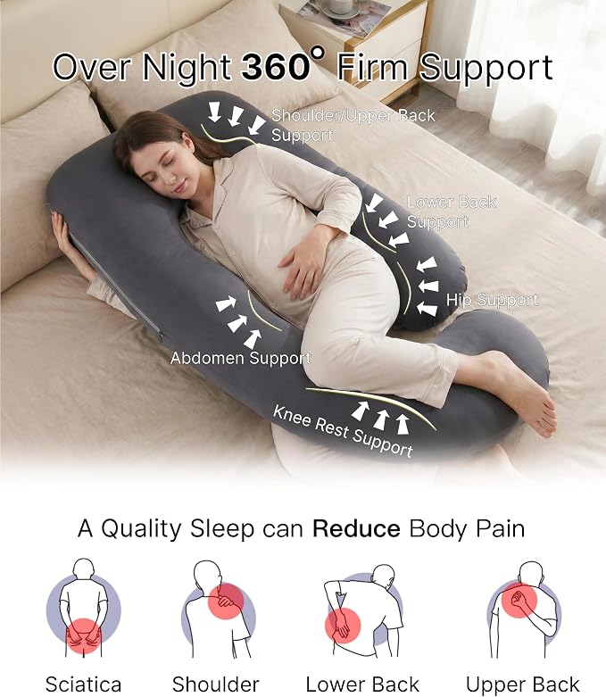 ALLOPERA Pregnancy Pillow, Full Body 57 Inch Maternity Pillow with Removable Washable Cover - Sleep Support for Legs, Back, Neck, Shoulder, HIPS, Belly for Pregnent Women, Black Milk Fiber Cover