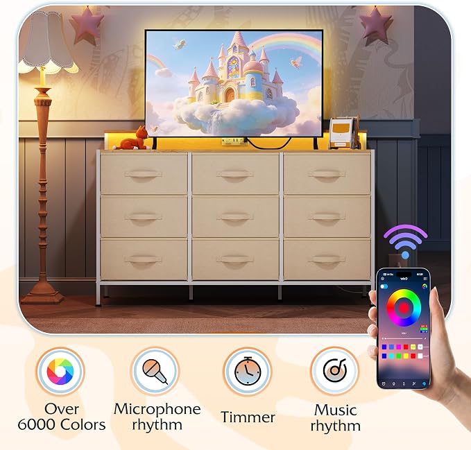 WLIVE Dresser TV Stand 9 Drawers, Fabric Chest of Drawers LED Lights, Cream | Cream 9-drawer dresser TV stand fits 55in TV with RGB LED lights and charging station, fabric media console for living room