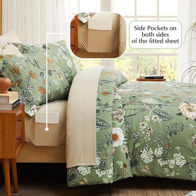 Queen Comforter Set - 7 Pieces Soft Floral Bed in a Bag Queen Bedding Sets | Green Botanical Texture Flowers Comforter Set with Sheets, Pillowcases & Shams for All Seasons
