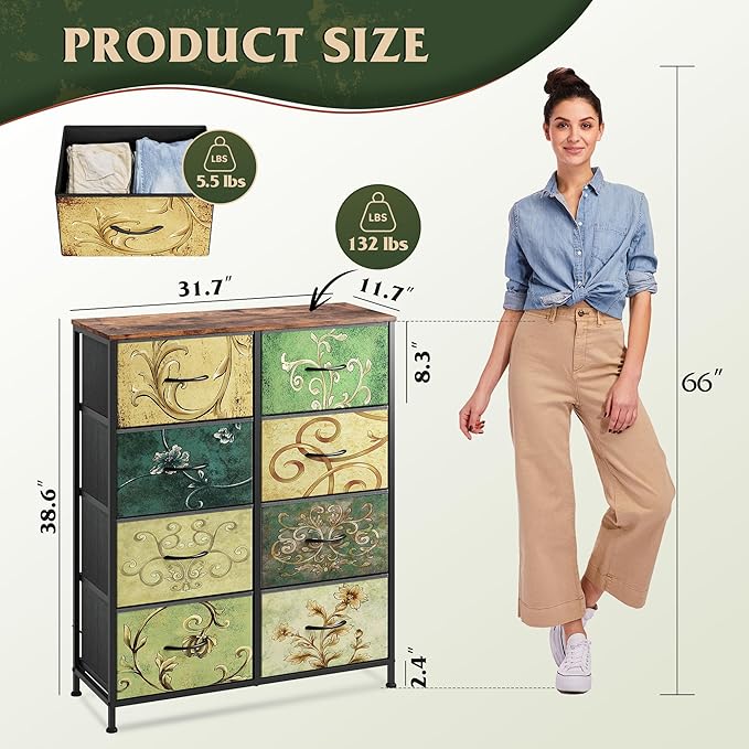 WLIVE 8 Drawer Fabric Dresser for Bedroom, Tall Storage Tower, Floral | 8-drawer tall storage tower with fabric bins and wood tabletop, breathable non-woven, perfect for bedroom closet dorm