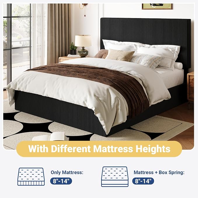 Allewie Queen Bed Frame, Adjustable Corduroy Headboard, Platform, Black | Adjustable Headboard, Corduroy Fabric, Low Profile, Wooden Slats, 900 lb Capacity, No Box Spring Needed