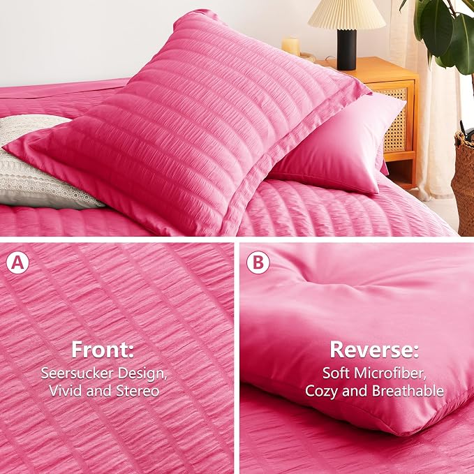 King Size Comforter Set, 7 Pieces Hot Pink Seersucker Bed in a Bag | OEKO-TEX Certified, All Season Bedding Set with 240 GSM Down Alternative Comforter, Flat & Fitted Sheets, Pillowcases & Shams