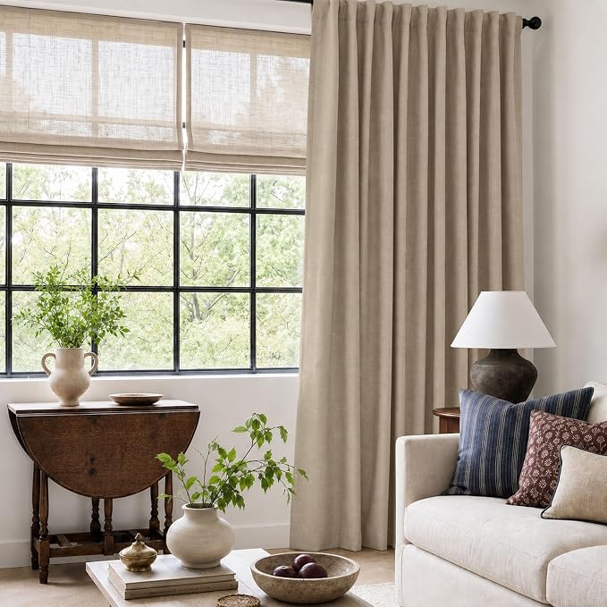 Linen Textured Blackout Sliding Door Curtains 96 Inch Long Burlywood Birch | 100% Blackout Shield Back Tab/Rod Pocket Sliding Door Curtains, Thermal Insulated Curtains 1 Panel Set, 100"W x 96"L