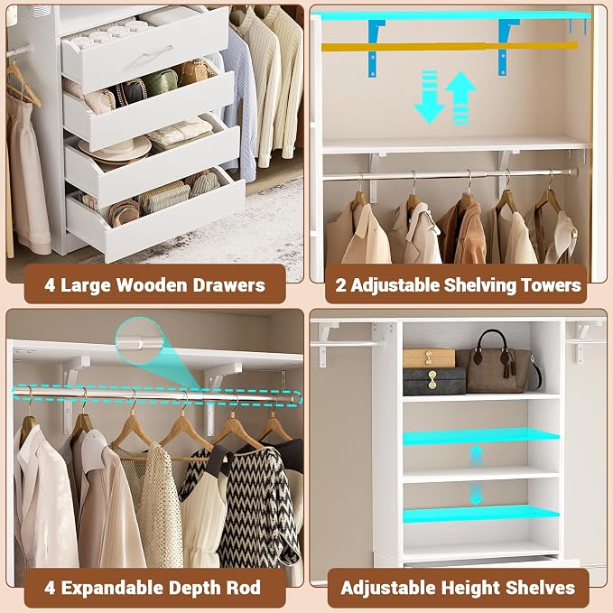 Aheaplus Closet System with 4 Drawers, 8FT Wood Closet Organizer System | 96" Closets Built In System Tower with Shelves, Walk-in Closets Wardrobe Clothes Garment Rack, Fits Spaces 4-9 ft, White