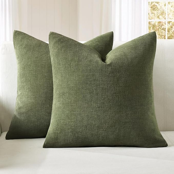 MIULEE Olive Green Chenille Couch Throw Pillow Covers, 20x20 | Set of 2, Soft Modern Farmhouse Style, Decorative Pillowcases for Sofa Living Room Bed, Home Decor