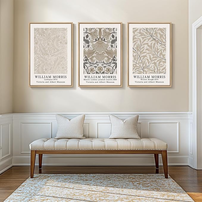 Framed William Morris Vintage Wall Art Set of 3, Large Neutral Botanical Floral Canvas Prints, Nature Rustic Boho Artwork for Living Room, Bedroom, Hallway or Office, 24x36 Inch