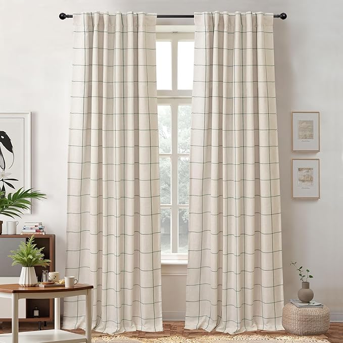 DriftAway 100% Blackout Plaid Linen Curtains W52xL96 Loden Green | 100% Blackout, Linen Texture, Plaid Pattern, Two Layers, Rod Pocket & Back Tab, Bedroom Living Room Use, Luxury Appearance