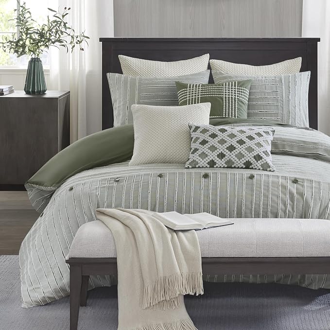 Madison Park Farmhouse King Cotton Comforter Set with Removable Cover, 9pc | Clipped Jacquard Stripes with Buttons Bedding Set, Boho, Oversized, Easy Care, Breathable, Cozy, All Season, Ultra Soft