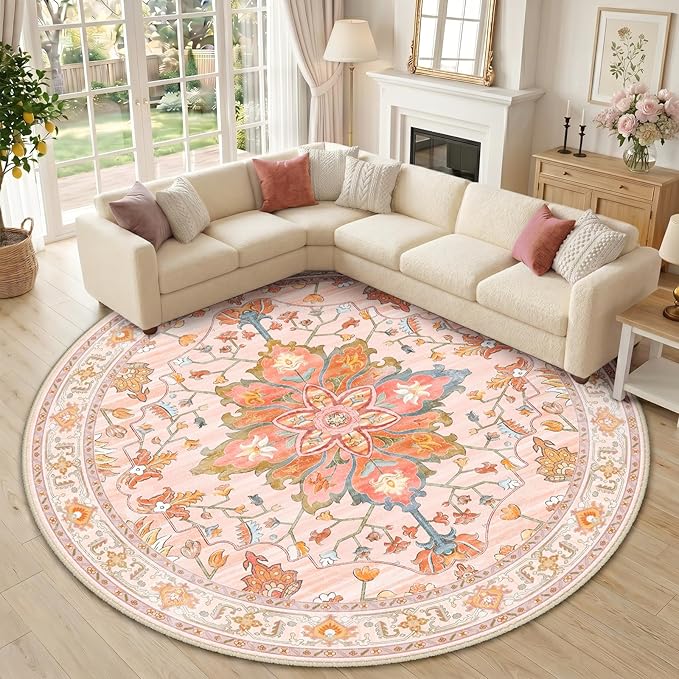 RELEANY Washable Area Rug, Round 10ft, Pink/Light Pink/Colorful | Non-Slip, Water Repellent, Pet Friendly, Easy to Clean, Vintage Floral Boho Decor for Living Room Bedroom Dining Room