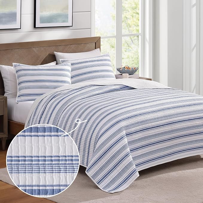 Queen Quilt-Lightweight Bedspread Quilt Queen Size Quilt Bedding Set | Soft Reversible Nautical Coverlet with 2 Shams for All Seasons, 3 Pieces, 90"x94"