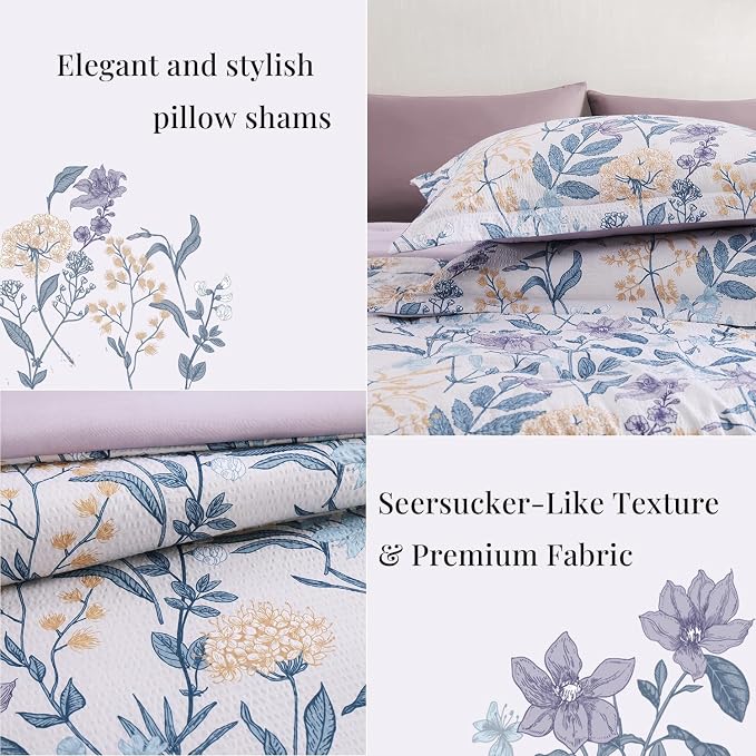 King Size Comforter Set-7 Pieces Floral Bed in a Bag King Bedding Set | Purple Botanical Flowers Comforter Set with Sheets, Pillowcases & Shams for All Seasons