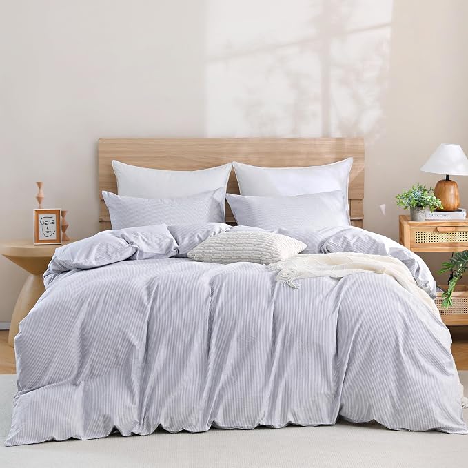 TOCOMOA Blue Striped Duvet Cover Set 100% Washed Cotton Like Linen, King | Linen-Like Feel Soft, Breathable & Comfy for All Season. Pinstriped Bedding Set with Zipper & 8 Ties. 3 Pcs, No Insert