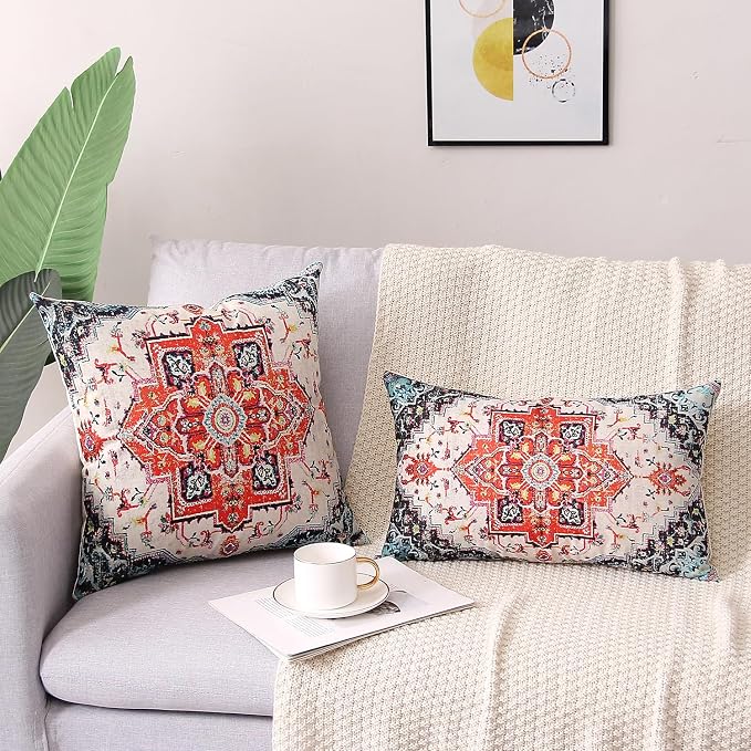 2pcs 18" x 18" Orange Bohemian Vintage Floral Waterproof Pillow Covers (Set of 2) for Indoor & Outdoor Use
