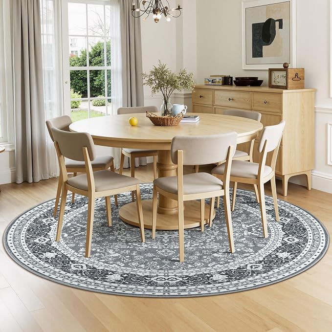 4FT Washable Round Area Rugs for Living Room, Non Slip Circle Rugs | Low Pile Vintage Carpets for Entyway Bedroom Dining Room, Nursery, Home Office, Kid Pet Friendly, Fit All Vacuums, Grey White