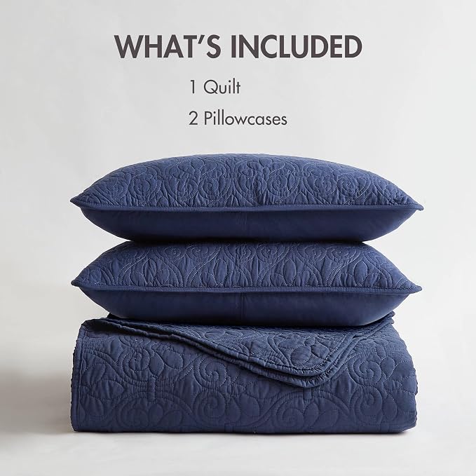 Madison Park Luxurious Cotton Damask Quilt Set, 3PC King/Cal King Bed Set | All Season, Lightweight Stitching Coverlet Bedspread Bedding Stitching with Shams, Navy
