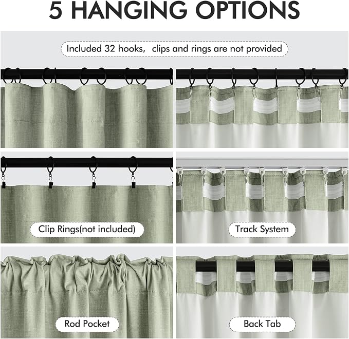MIULEE 100% Blackout Back Tab Pleat Linen Curtains 50" Wx108 L,Sage Green | 2 Panels,Thick Faux Linen,Textured Drapes,with Hooks,for Bedroom Living Room,Black Out,Room Darkening