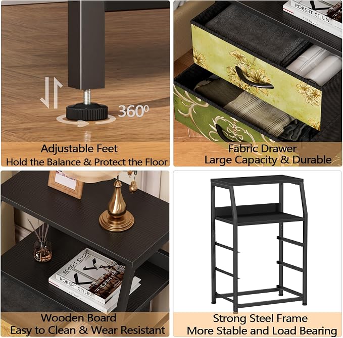 Furnulem Retro NightStand with 3 Drawer, Small Vintage Storage Dresser | Small Fabric Night stand Side Table with 2-Tier Shelf, Storage Drawer for Dorm, Closet, Bedside Table, Metal Frame, Wood Top