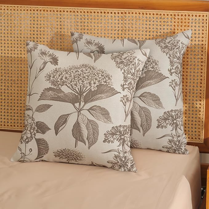 Vintage Brown Pillow Covers 18x18 Inch 2 Pcs Boho Beige Floral Decor Throw Pillows Hydrangea Flower Seasonal Outdoor Farmhouse Neutral Accent Decoration Pillowcase Linen Cushion Cover for Couch