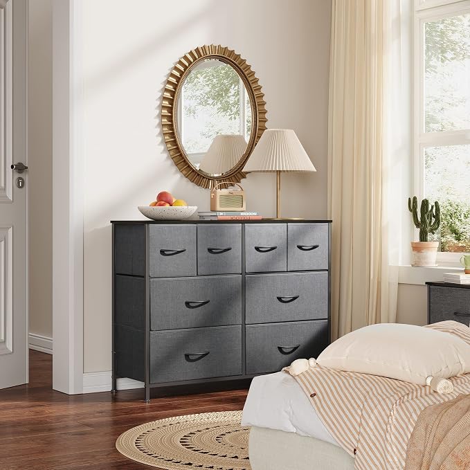 WLIVE Wide Dresser for Bedroom, 8 Drawer Chest of Drawers, Dark Grey | 8 roomy fabric drawers, Wide storage design, Bedroom or closet use, Sturdy steel frame, Smooth wood tabletop