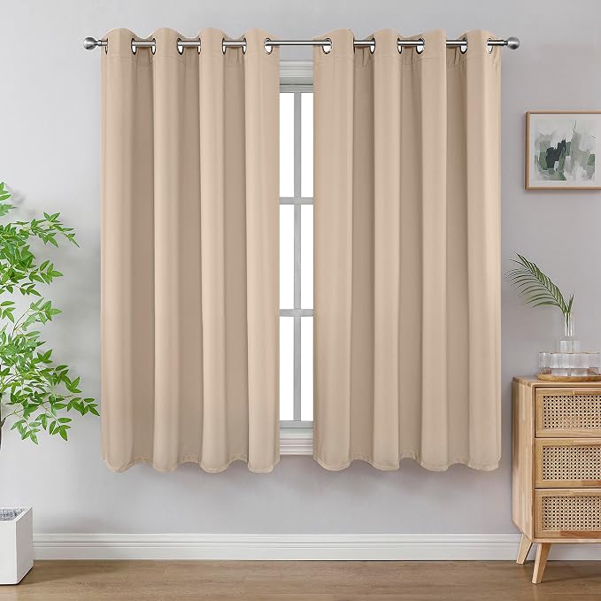 Joydeco Blackout Curtains 72 Inch Length 2 Panels Set, Thermal Insulated Long Curtains& Drapes 2 Burg, Room Darkening Grommet Drapes for Living Room Bedroom Window (W52 x L72 Inch, Light Beige)