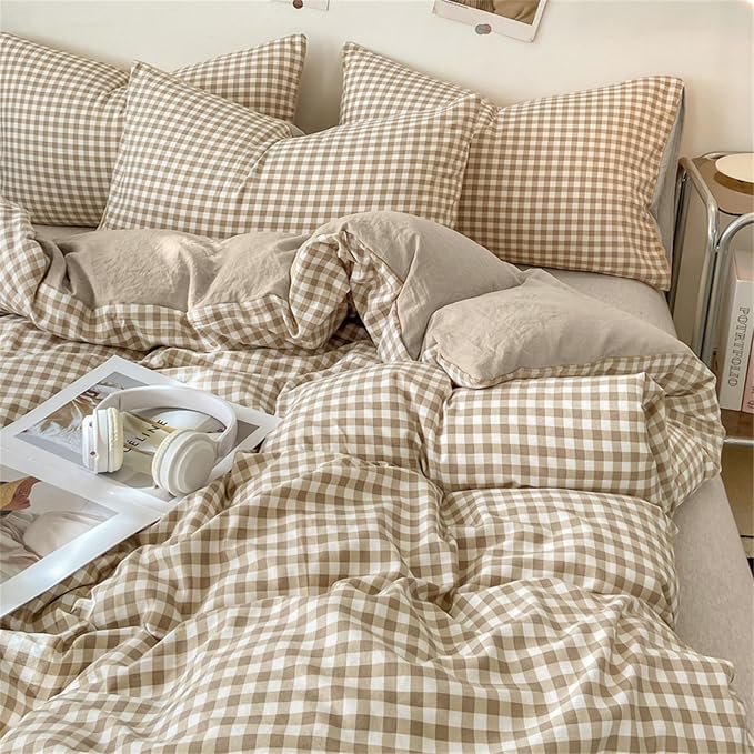 Nayoroom Gingham Duvet Cover Set King Brown Tan Plaid Checkered Bedding | Reversible Farmhouse Dorm Bedding, Soft Breathable Washed Microfiber, All-Season Comfort, Hidden Zipper, 4 Corner Ties