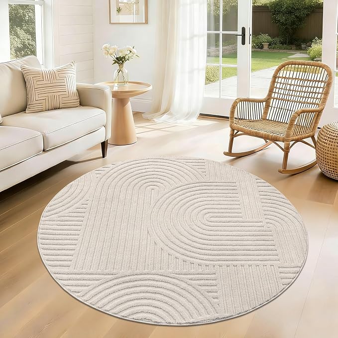 Pauwer 4ft Area Rugs for Living Room, Modern Non Slip Washable Rug, Beige | Arch Pattern, Soft Fluffy, Neutral, Boho Accent, Indoor Round Floor Carpet, For Kids Room Dining Room Nursery Entryway