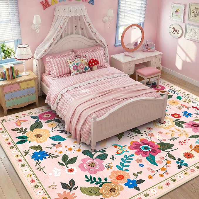 RELEANY Floral Washable 9x12 Area Rugs Pink | Flower Carpet, Print, Boho, Non-Slip, Easy to Clean, Soft, Low Pile for Living Room Bedroom Kitchen Office Entryway Hallway