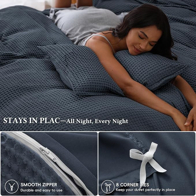 David's Home Textured Waffle Weave Duvet Cover Set, King Size, Indigo | Breathable Cozy for All Season, 300GSM, 3PCS Home Bedding Decor, OEKO-TEX Certified, Hidden Zipper, 8 Corner Ties, 104" X 90"
