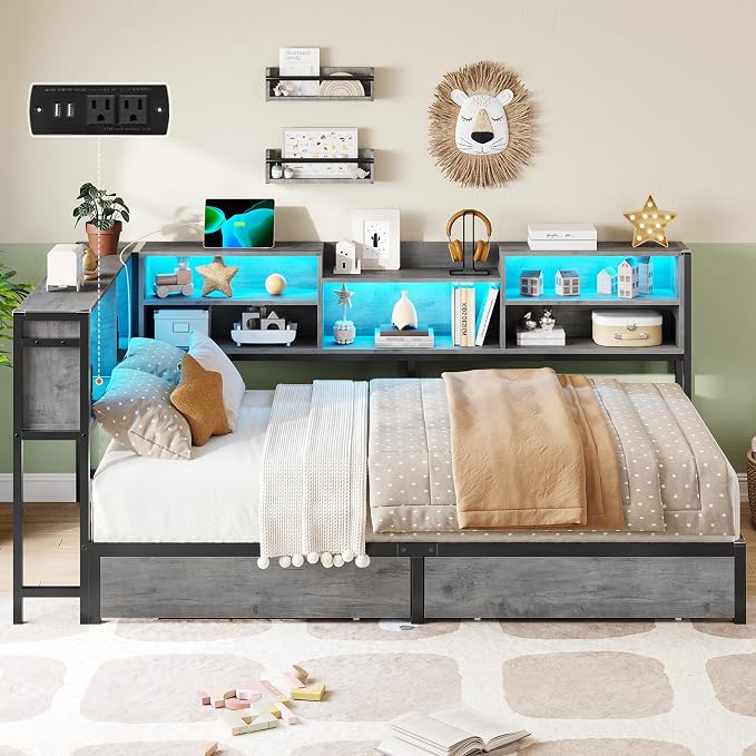 DICTAC Corner Twin Bed Frame with Bookcase Storage Headboard and Led Lights,Twin Size Metal Platform Corner Bed Frames with 2 Drawers and Charging Station,Twin Daybed for Kids and Teens,Oak Gray