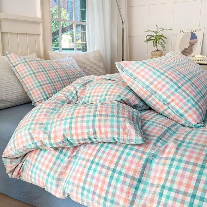LifeTB Gingham Comforter Set Twin XL Multi-Colored Plaid Comforter Set 3 Pieces Checkered Grid Comforter with 2 Pillowcases Soft Fluffy Gingham Bedding Set Farmhouse Grid Bed Comforter Twin XL