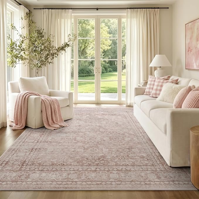 5x7 Ft Area Rugs for Living Room, Soft Non-Slip Machine Washable Rug, Vintage Stain Resistant Carpets for Bedroom Nursery Dining Room Home Decor (Grey Pink)