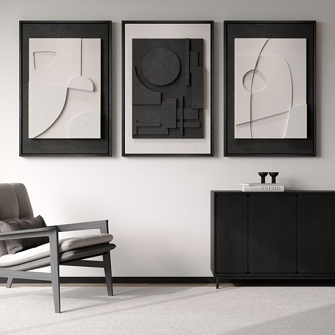 Large Framed Black and White Modern 3D Abstract Wall Art Set | Solid wood frame, Textured paintings, 3 piece 20x30 big artwork for walls, Pictures wall decor for living room bedroom office