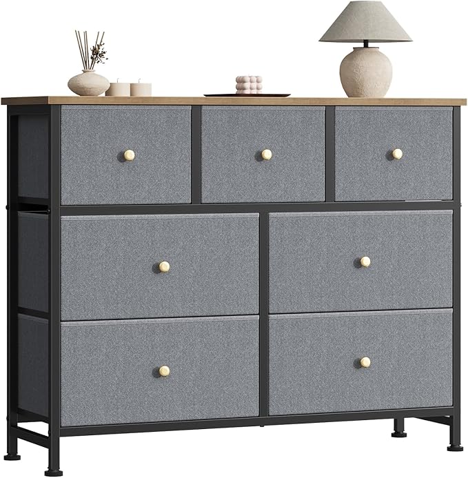 Sweetcrispy 7 Drawer Dresser for Bedroom Storage with Fabric Bins, Blue | Anti-Tip Closet Organizer, Wooden Top and Sturdy Steel Frame, Spacious Drawers for Clothes Storage, Hallway Entryway